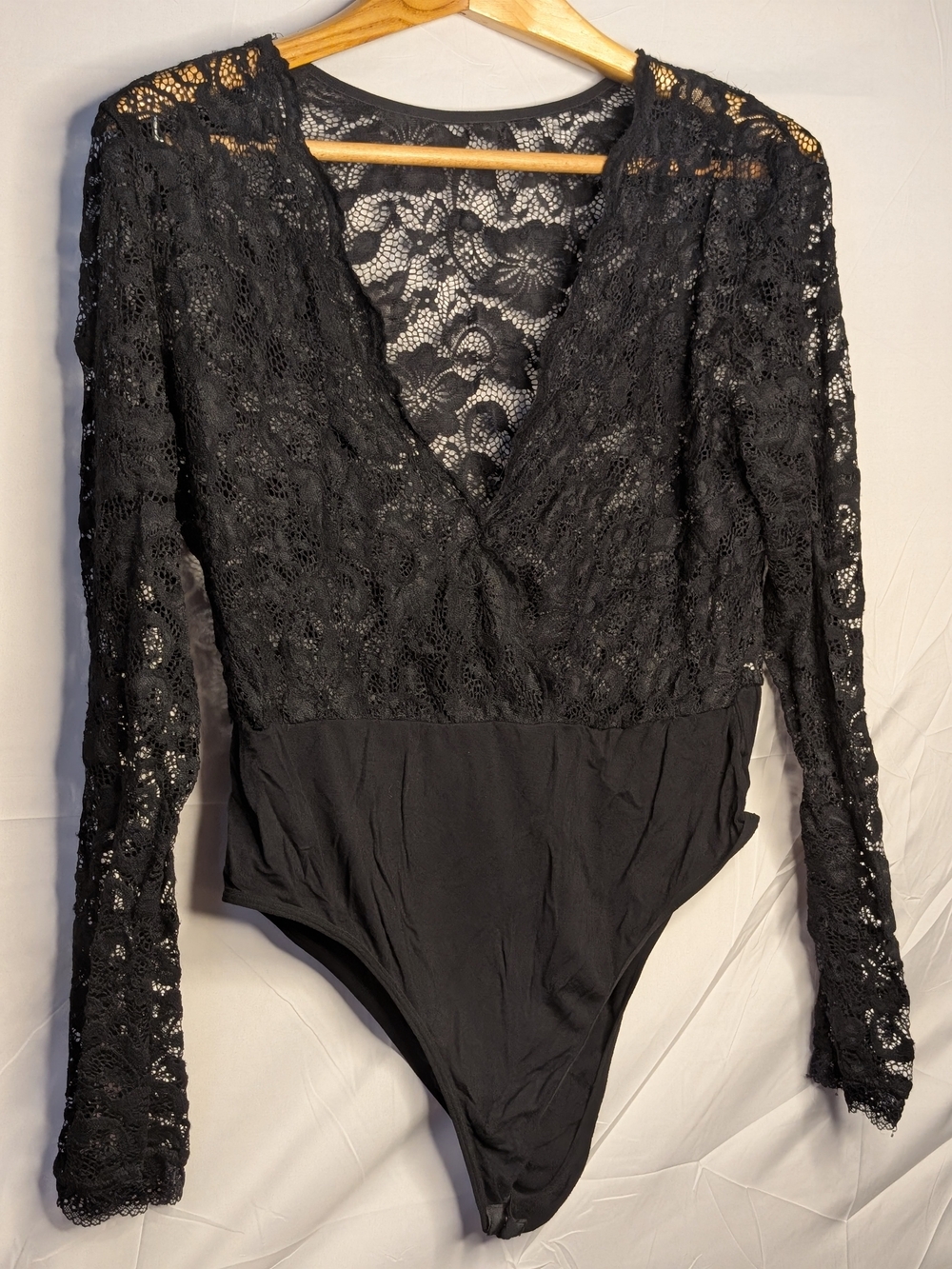 Black Floral Lace Deep V Neck Long Sleeve Bodysuit Plus Size 3XL